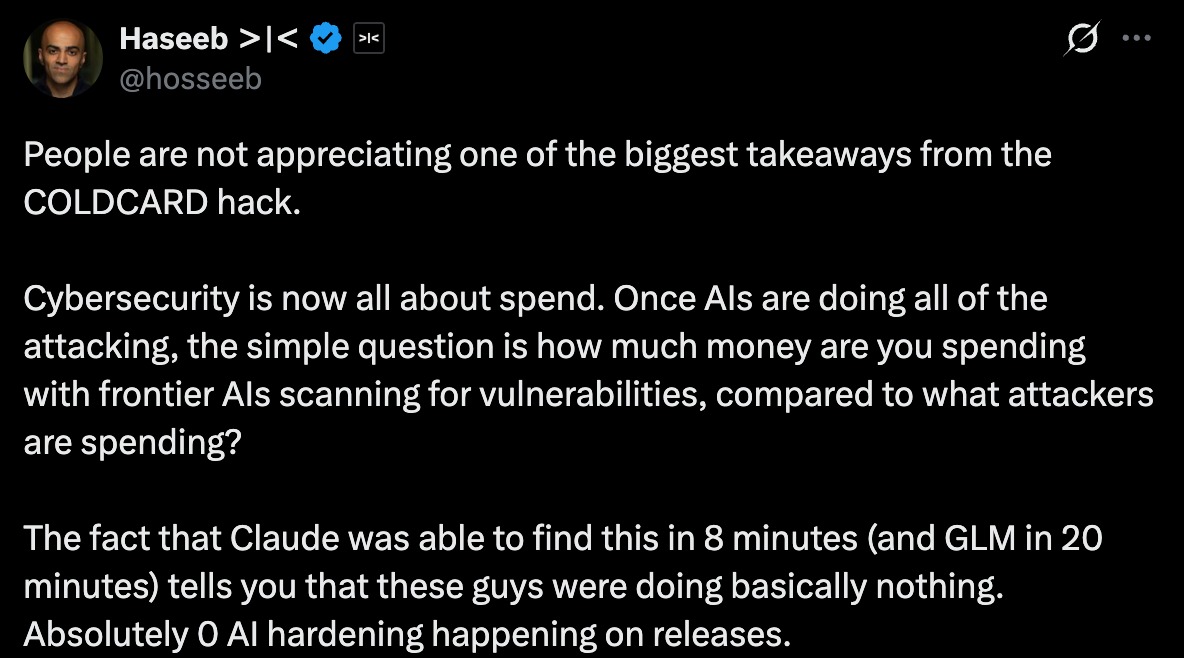 Dragonfly合伙人：低成本AI审计或可提前发现Coldcard漏洞