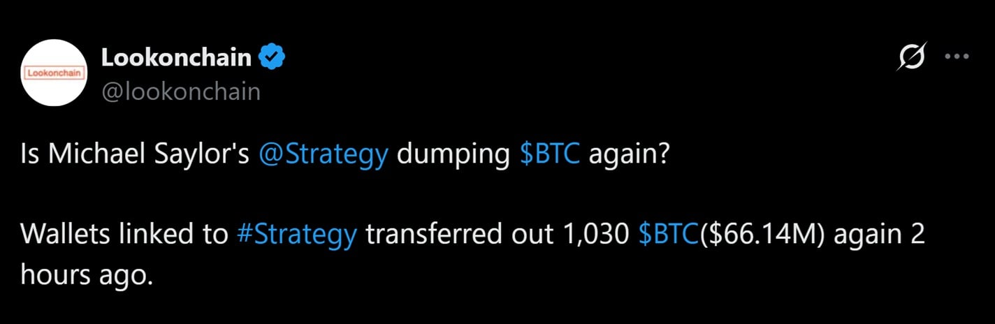 Lookonchain监测到Strategy关联钱包转移1,030枚比特币，第四轮抛售迫在眉睫