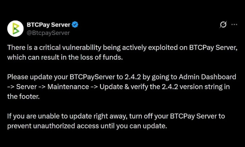 BTCPay宣布紧急发布2.4.2修复版本，比特币闪电网络节点受漏洞影响