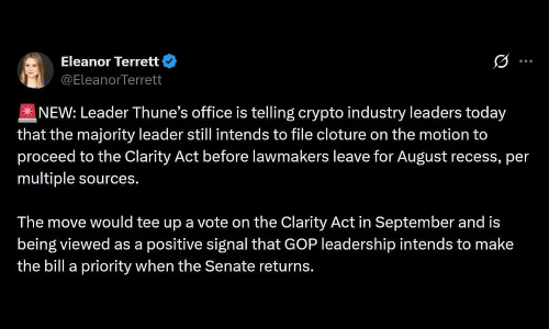 图恩计划提交动议，推动《CLARITY法案》9月表决