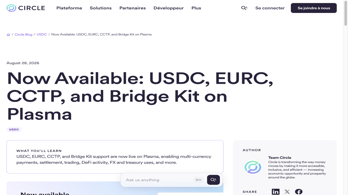 Circle在Plasma上线USDC、EURC与CCTP：基础设施已可用，不等于流动性已成熟