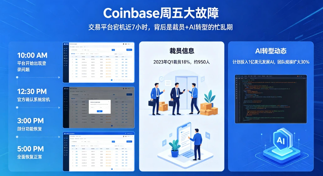Coinbase周五大故障：交易平台宕机近7小时,背后是裁员+AI转型的忙乱期